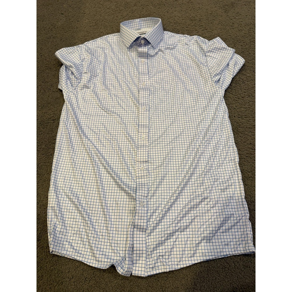 Collar And Co Mens Short Sleeve Polo Button Down White Blue Square Size Large
